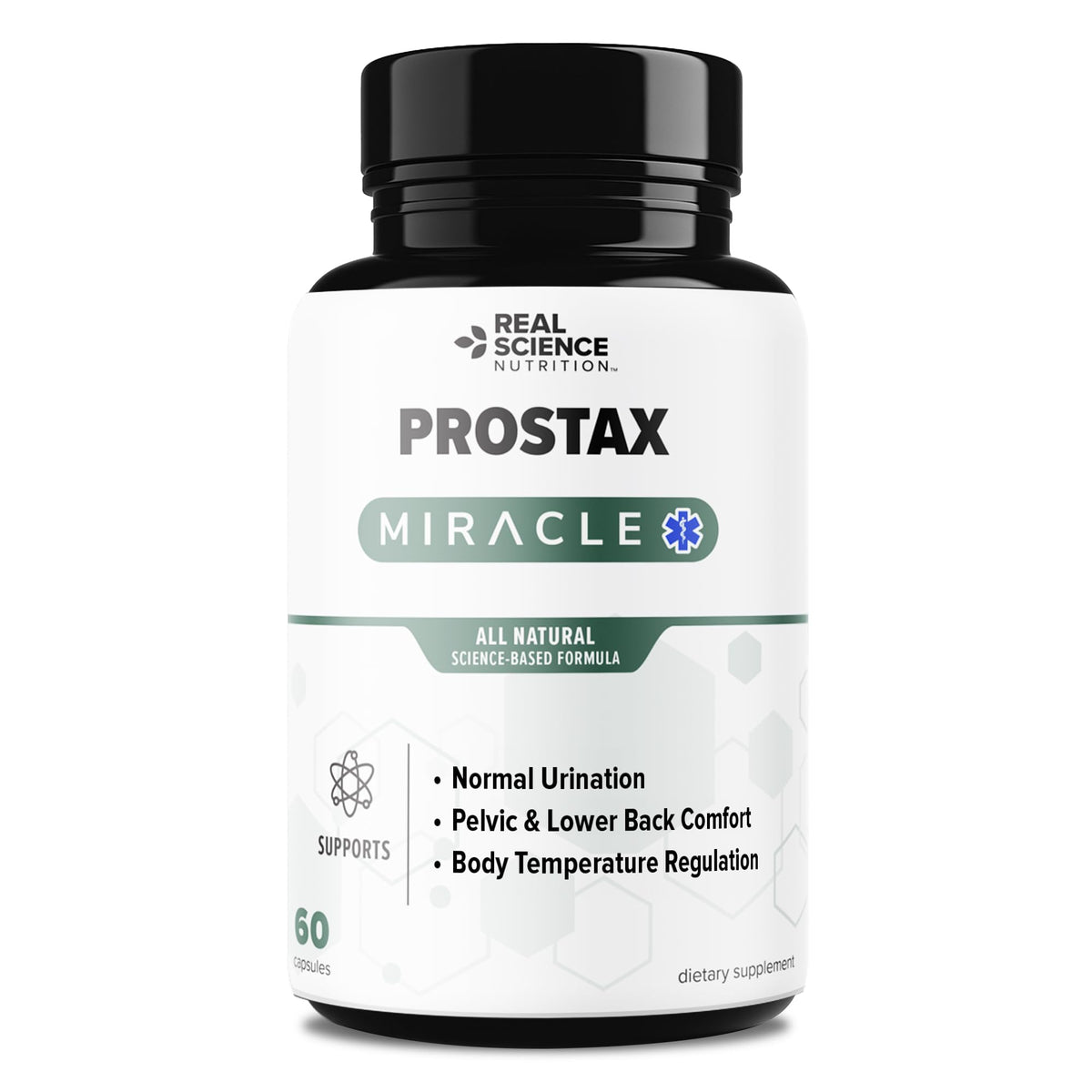 Real Science Nutrition Prostax Miracle bottle on desk showing convenient daily use
