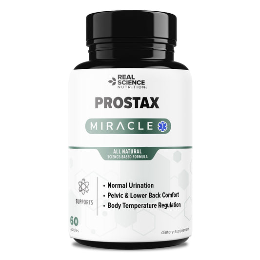 Real Science Nutrition Prostax Miracle bottle on desk showing convenient daily use