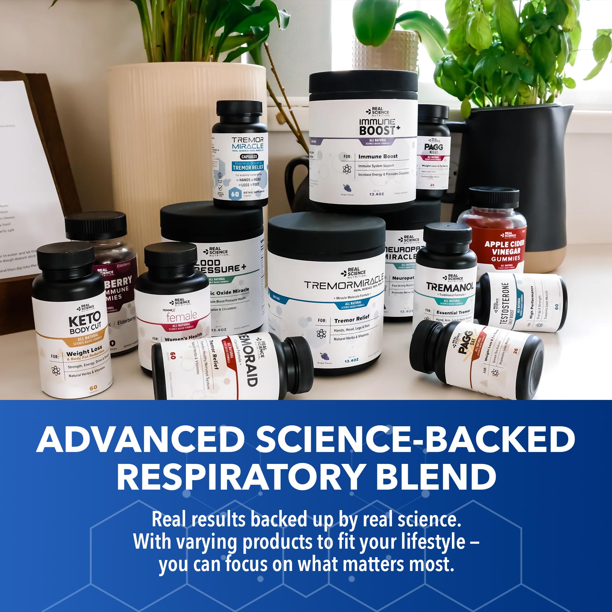 Real Science Nutrition Pulmonary Miracle bottle on table supporting daily lung health