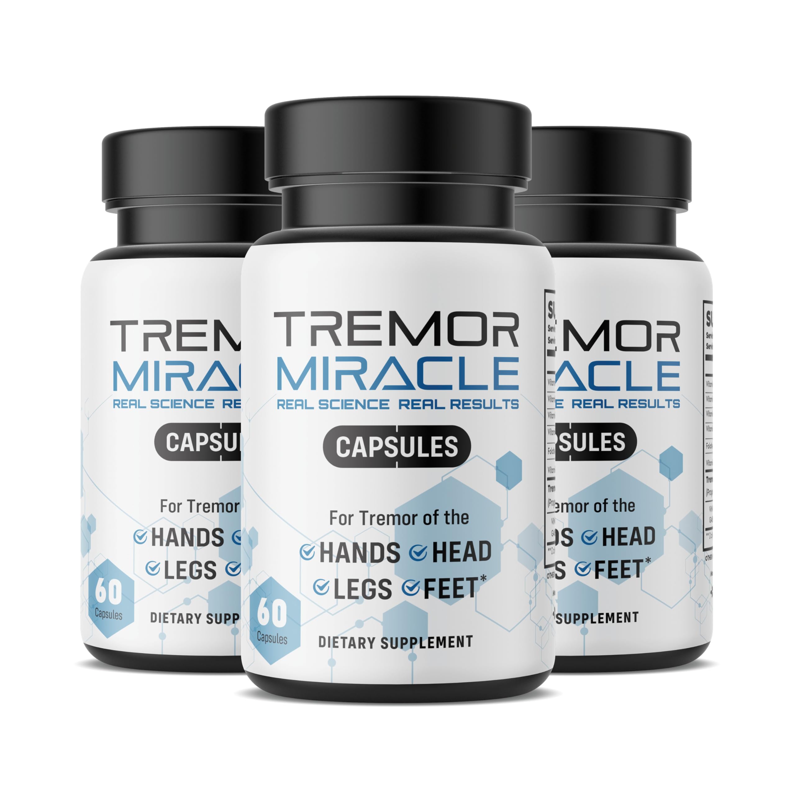Real Science Nutrition Tremor Miracle Capsules 3-pack bottle supports daily activities by potentially reducing tremors.