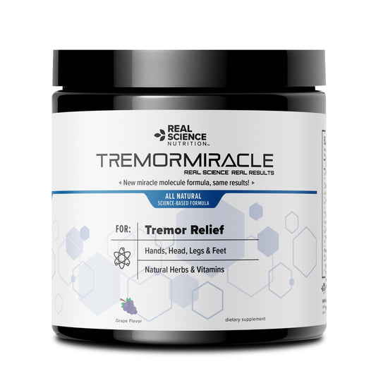 Real Science Nutrition Tremor Miracle grape powder with scoop for easy daily intake.