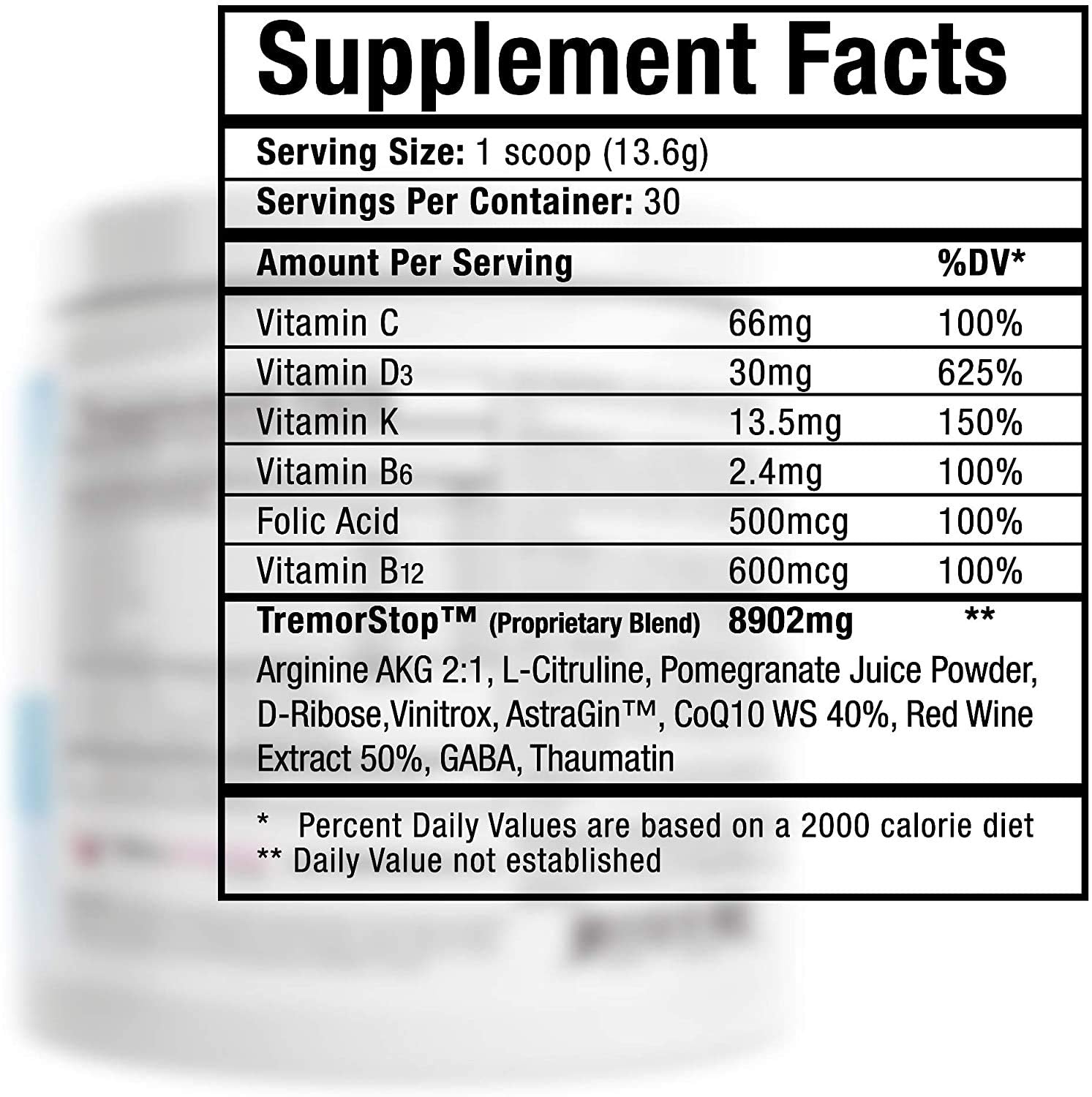 Real Science Nutrition Tremor Miracle label close-up highlighting herbal blend