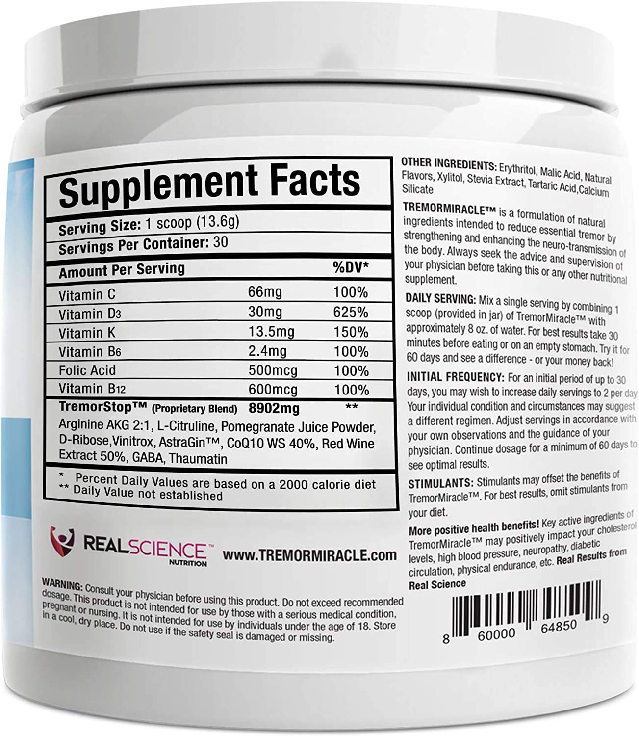 Real Science Nutrition Tremor Miracle grape powder with measuring scoop for quick fusion