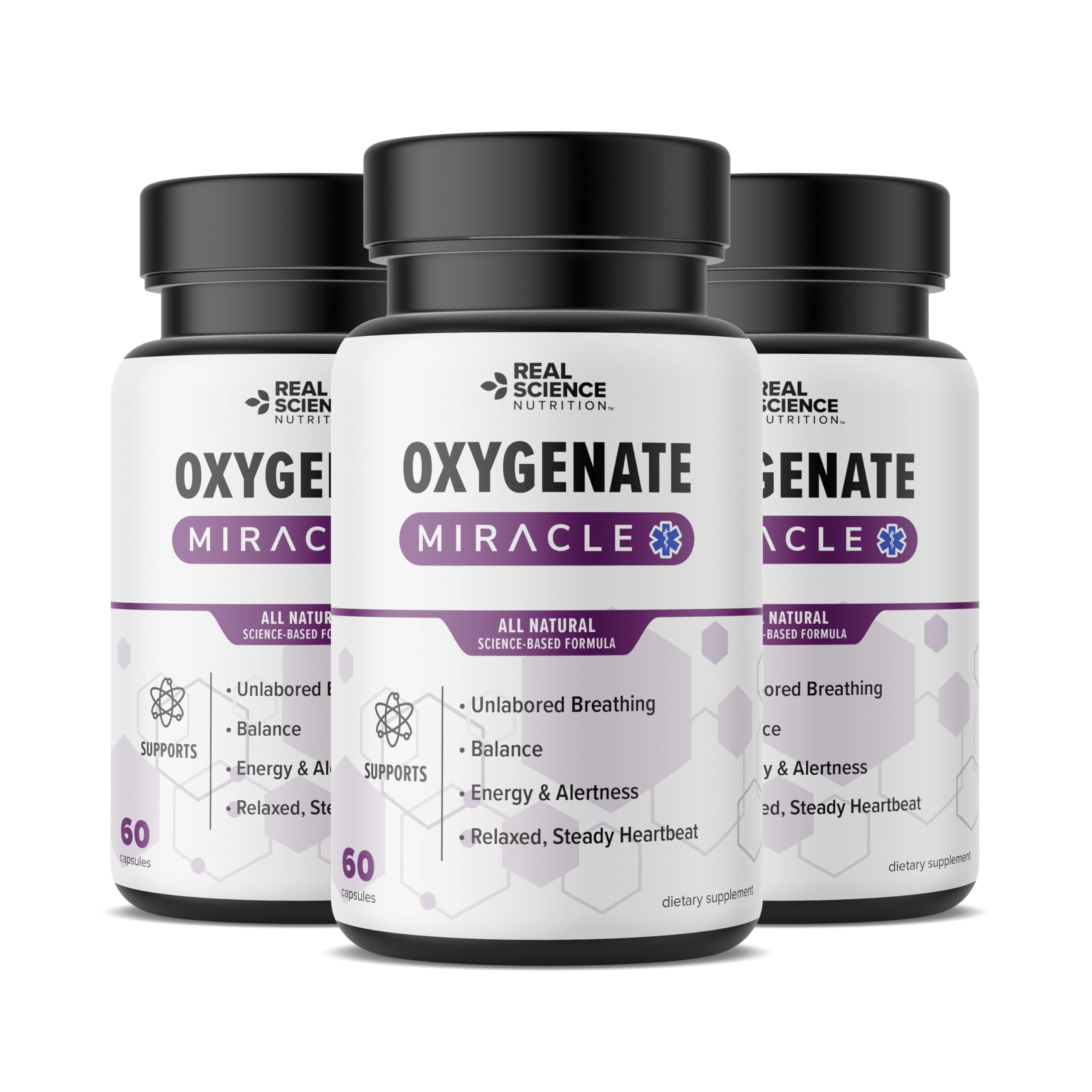Real Science Oxygenate Miracle bottle and capsules support comfortable breathing and energy.