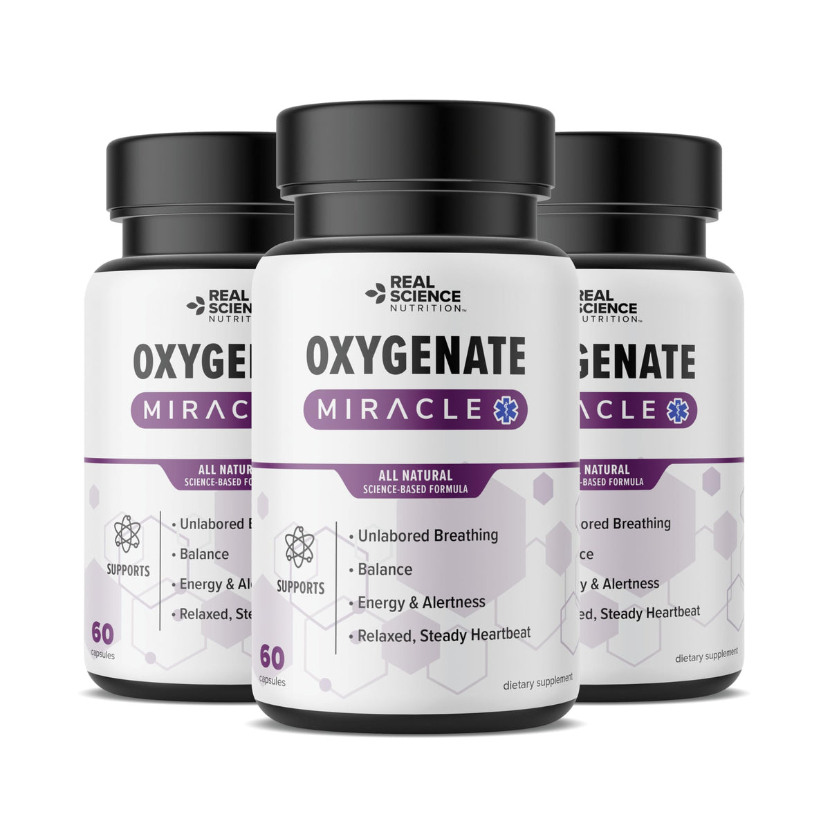 Real Science Oxygenate Miracle bottle and capsules support comfortable breathing and energy.