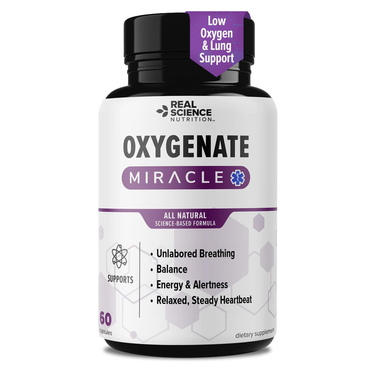 Real Science Oxygenate Miracle bottle front promotes daily breathing comfort and energy