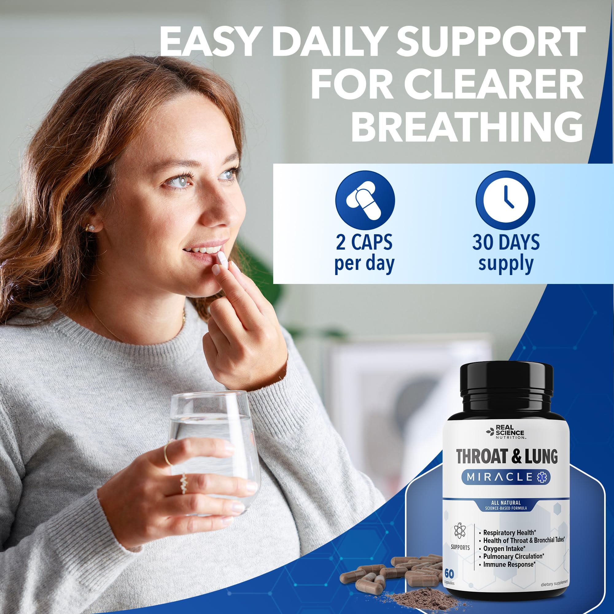 Real Science Throat & Lung Detox capsules inside bottle ready for mucus clearance.