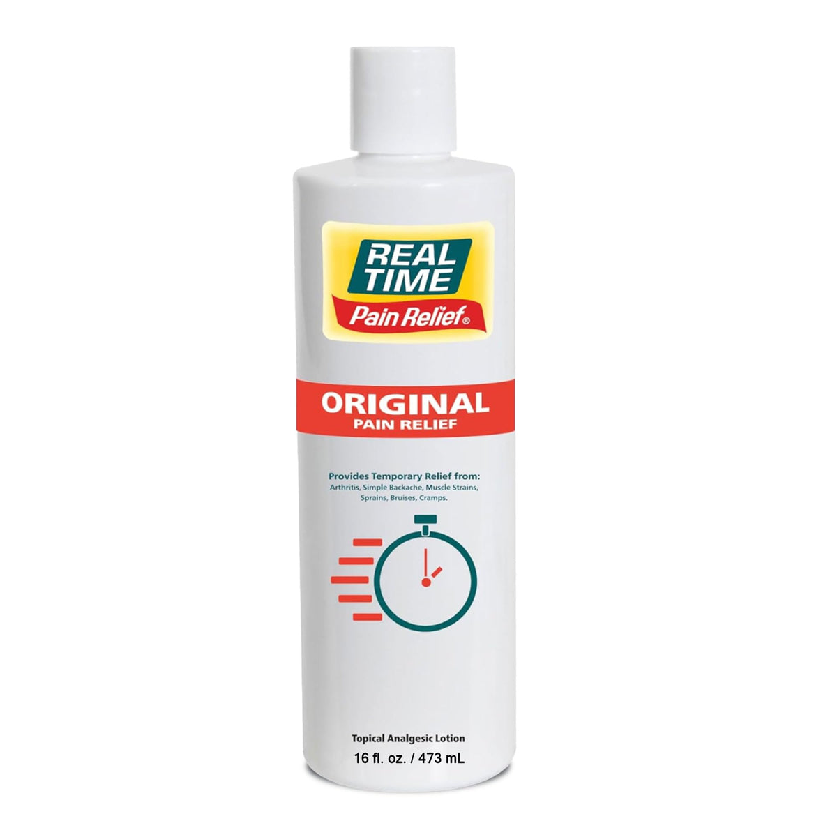 Real Time Pain Relief cream bottle front showing 16oz size for quick relief.