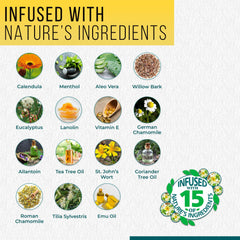 Ingredient spotlight features menthol, tea tree oil, and vitamin E for natural care.