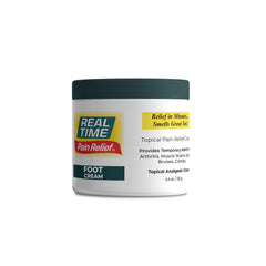 Real Time Pain Relief foot cream jar front showcasing soothing formula for tired feet.