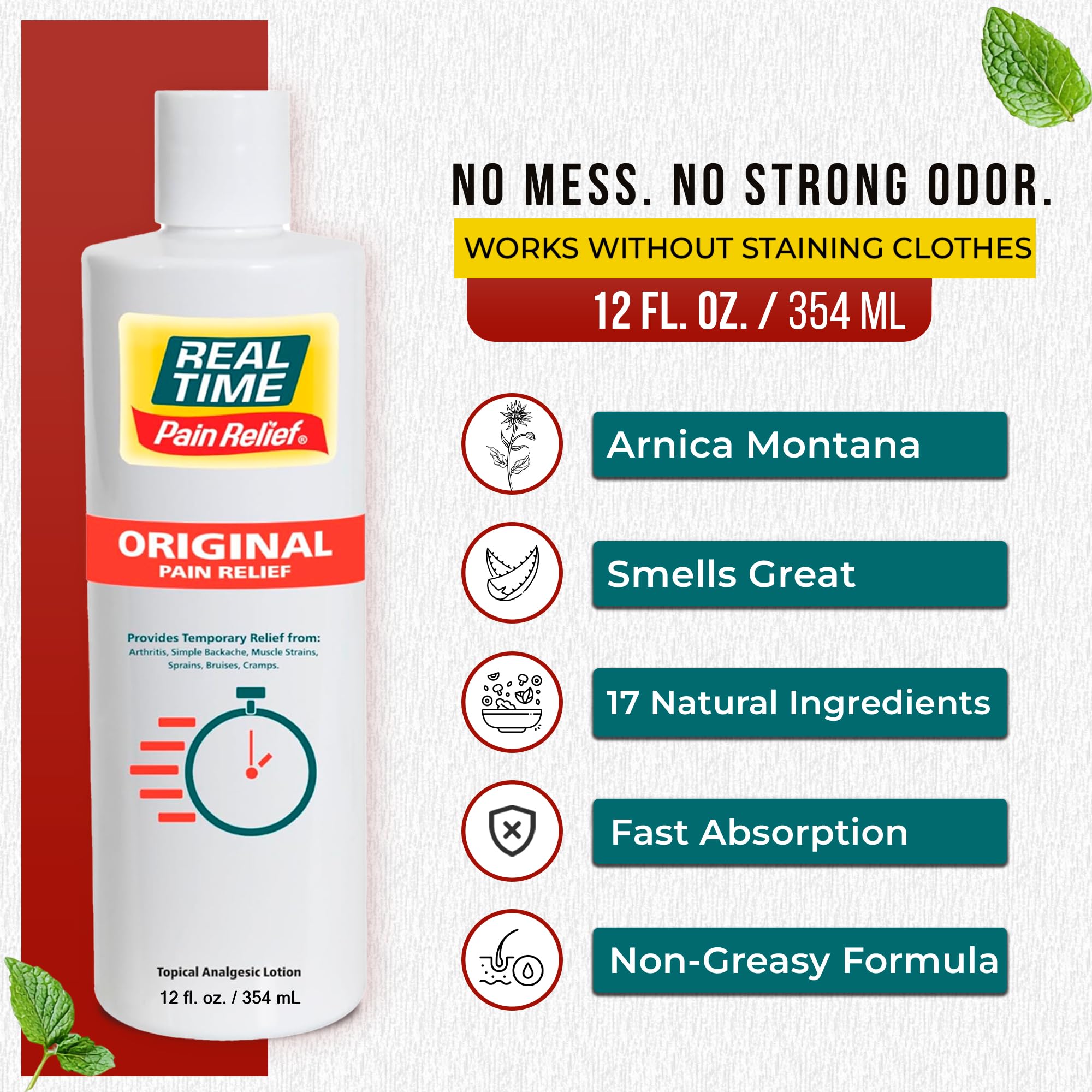Real Time Pain Relief 17 natural ingredients illustration highlights gentle multi-action formula