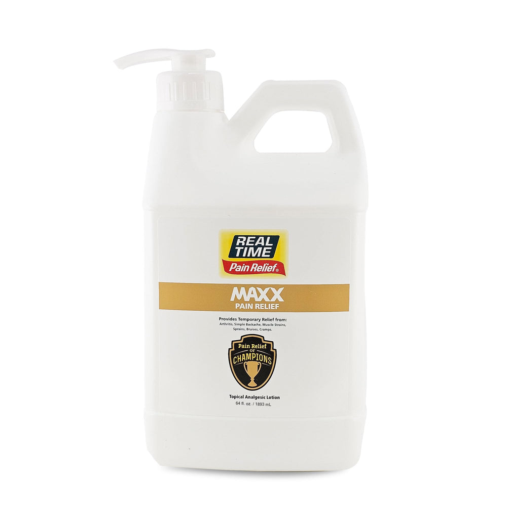 Real Time Pain Relief MAXX 64oz bottle ready for fast topical relief