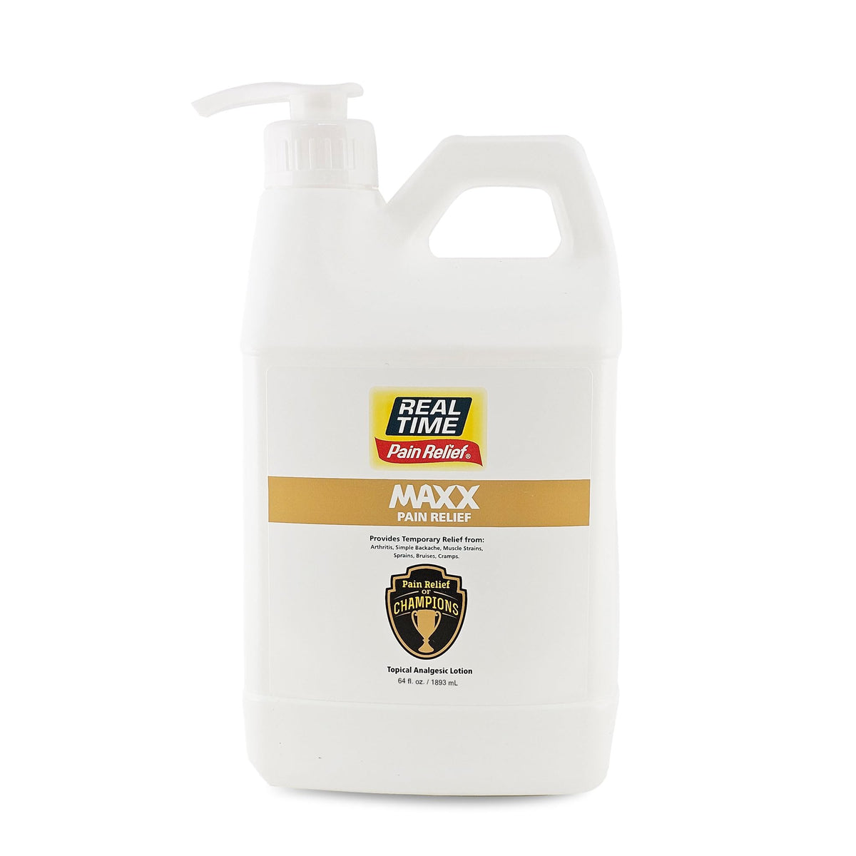 Real Time Pain Relief MAXX 64oz bottle ready for fast topical relief