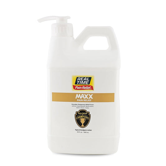Real Time Pain Relief MAXX 64oz bottle ready for fast topical relief
