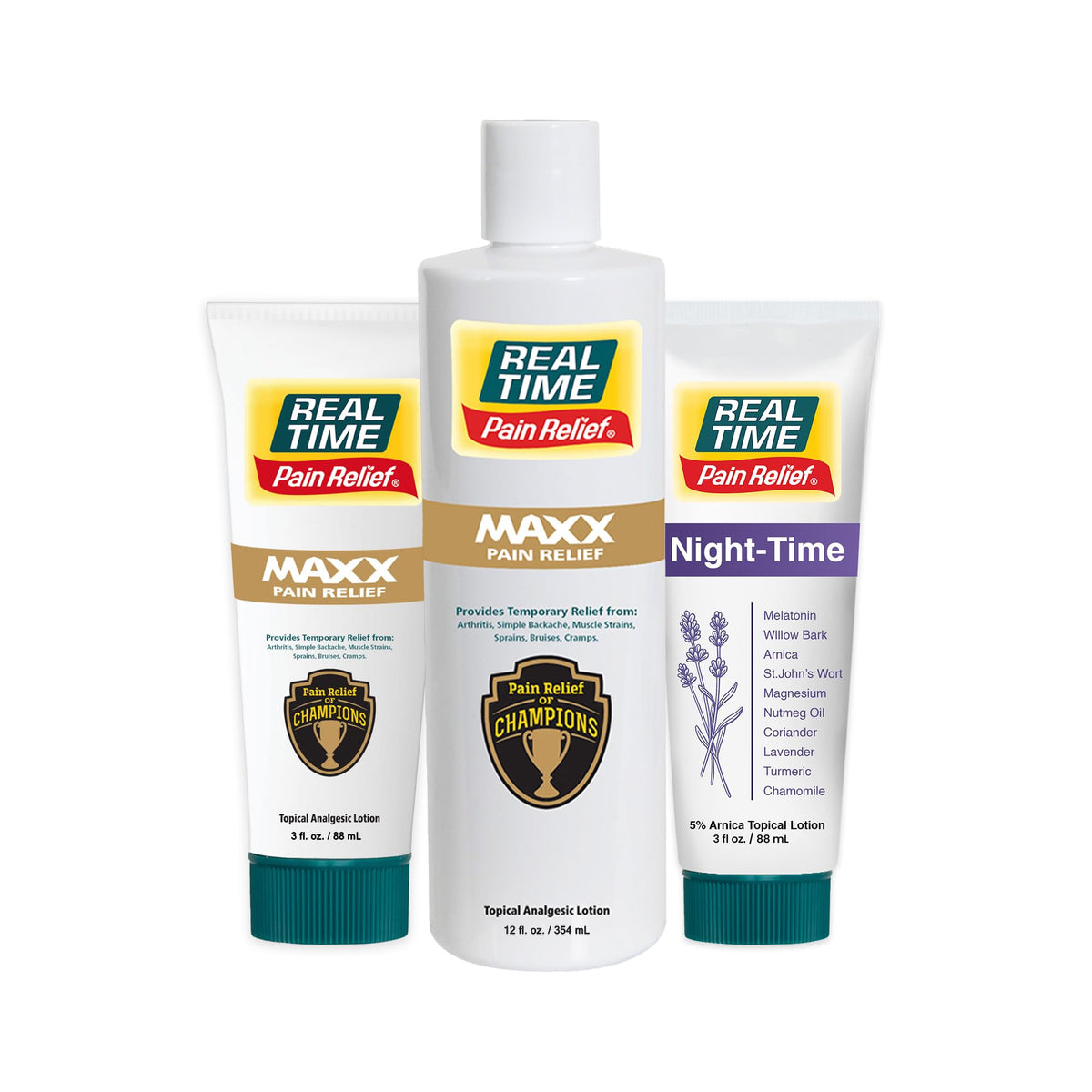 Real Time Pain Relief MAXX bottle 12oz target relief for daily activity.