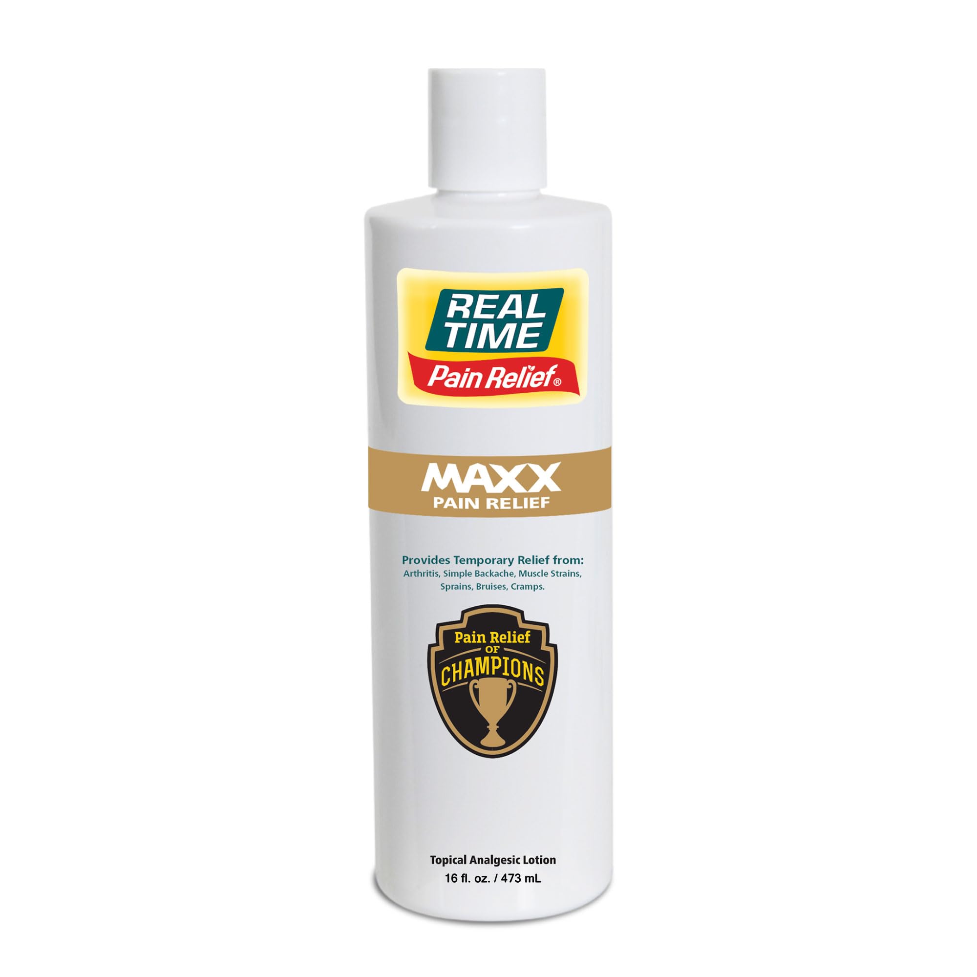 Real Time Pain Relief MAXX bottle in 16 oz size with relief-focused label