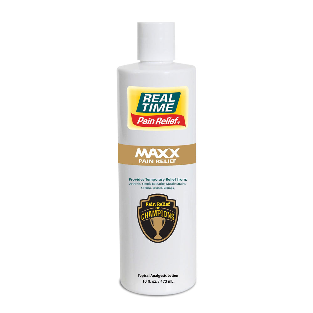 Real Time Pain Relief MAXX bottle in 16 oz size with relief-focused label