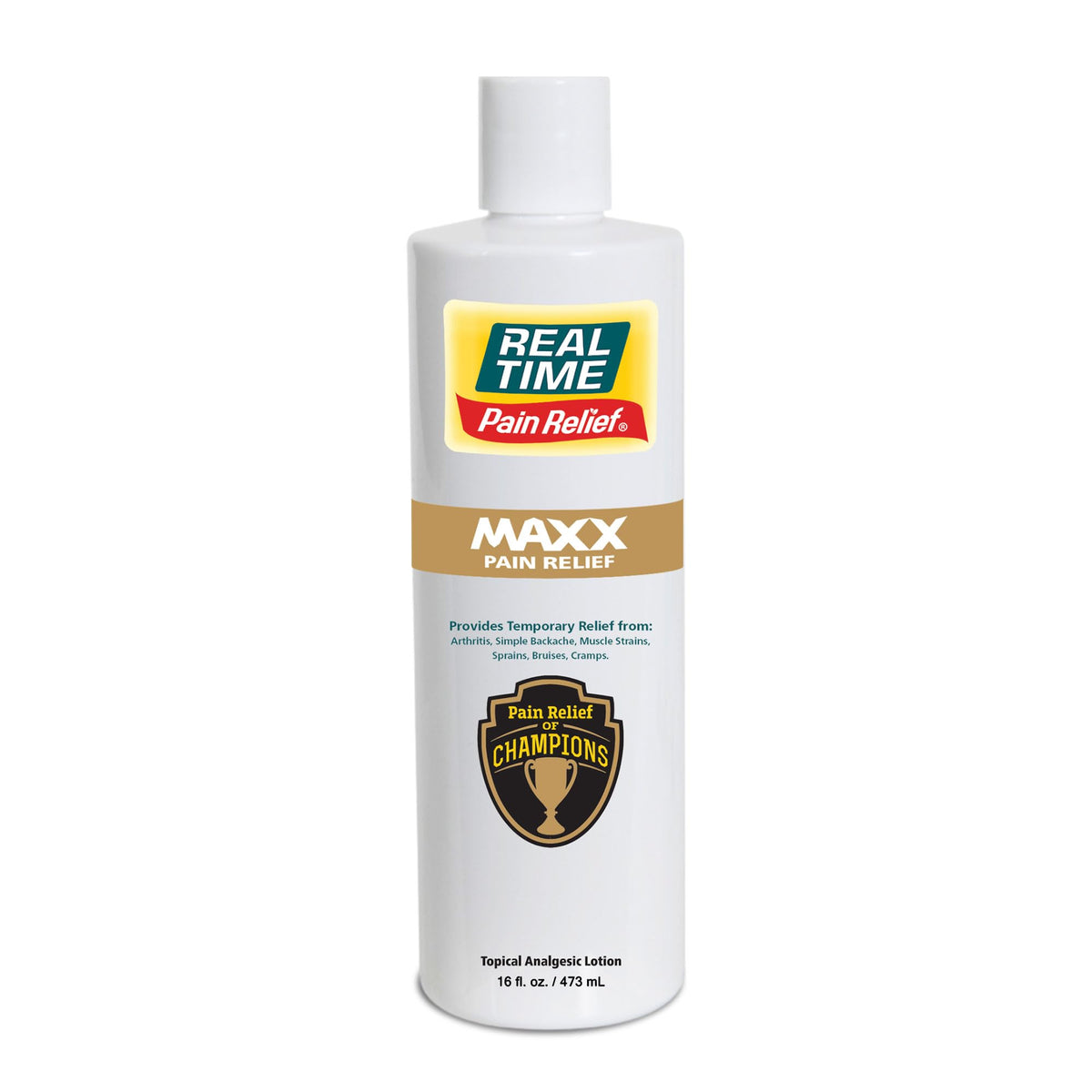 Real Time Pain Relief MAXX bottle in 16 oz size with relief-focused label