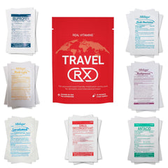 Real Vitamins Travel RX kit with resealable bag for organized travel health.