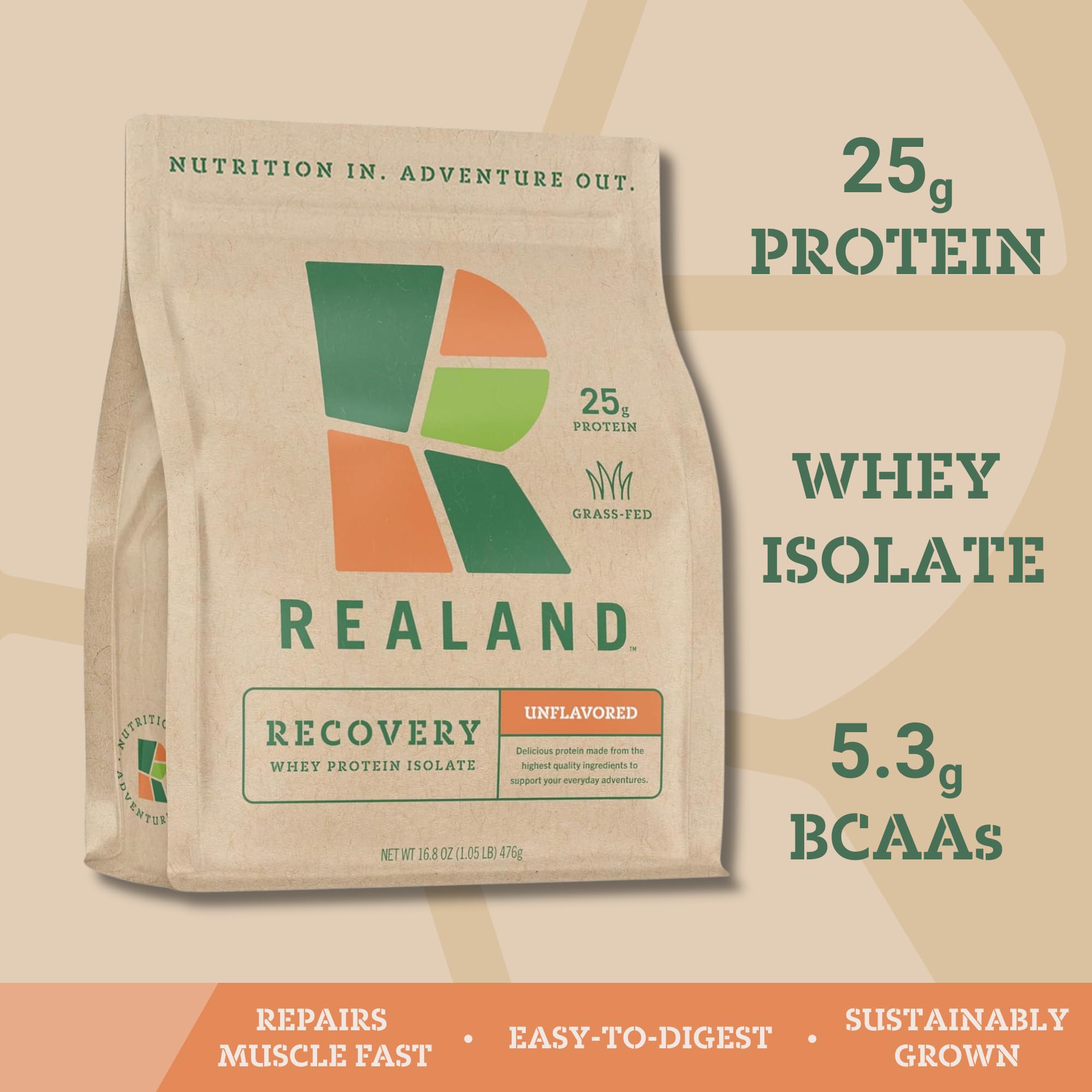 Realand grass-fed whey isolate powder close-up highlights purity and clarity