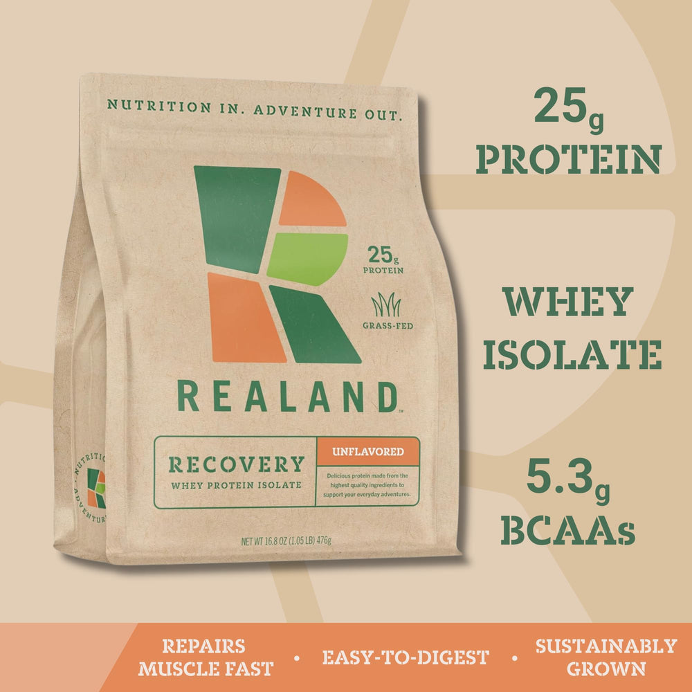 Realand grass-fed whey isolate powder close-up highlights purity and clarity