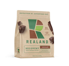 Realand Recovery Whey Isolate chocolate bottle emphasizes fast-absorption for post-workout recovery.