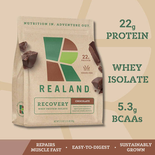 Realand chocolate whey powder in glass, ideal for quick protein after training.