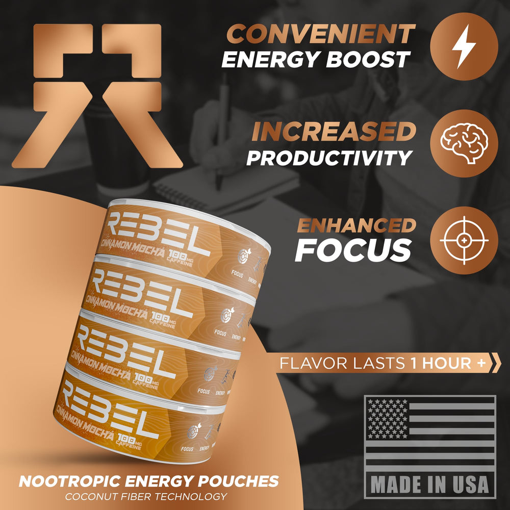 Rebel Supplements Nootropic Energy Cinnamon Mocha Made in USA facility for quality manufacturing.