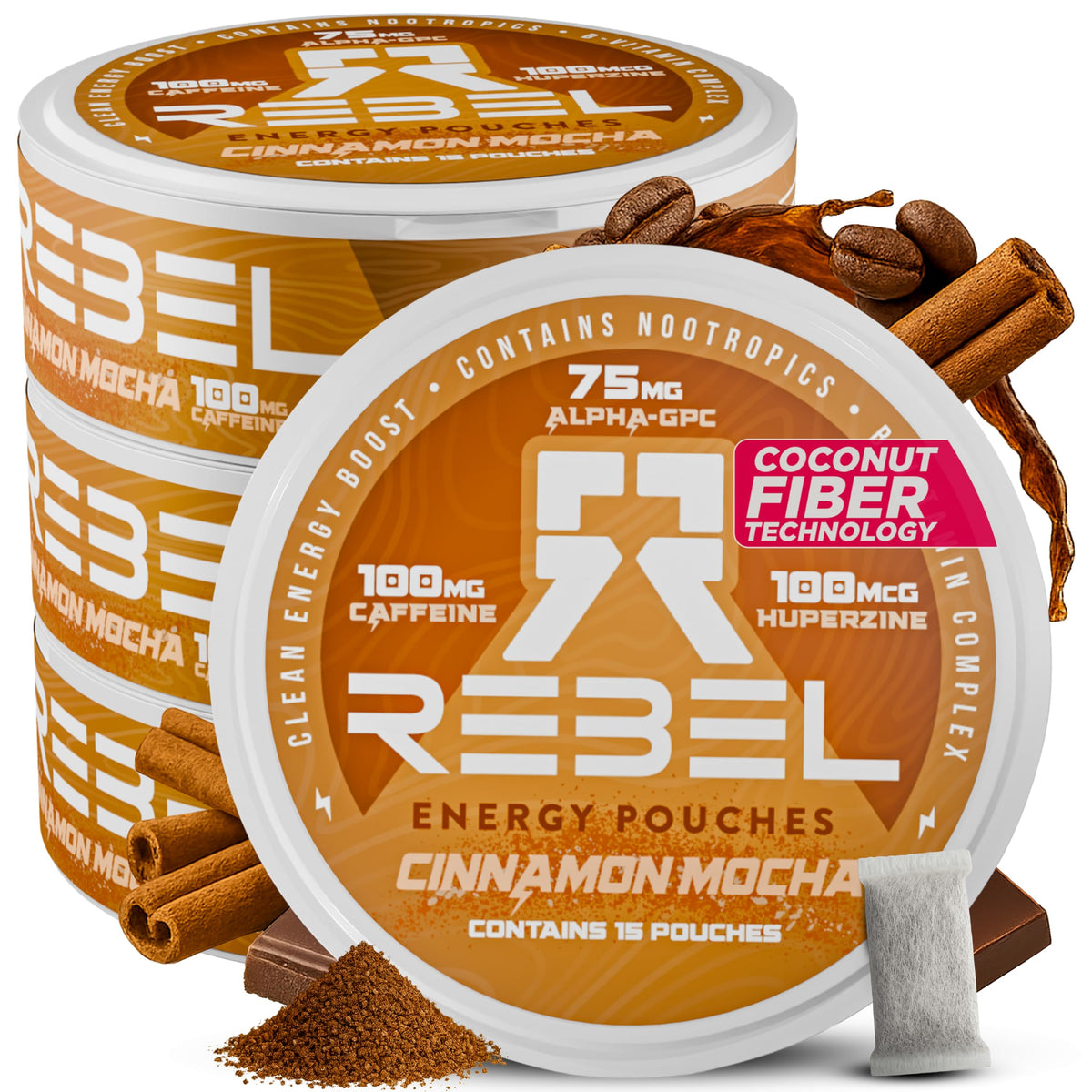 Rebel Supplements Nootropic Energy Cinnamon Mocha pouch can front delivers steady focus without jitters.