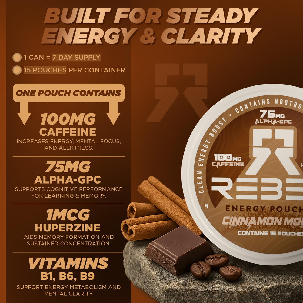 Rebel Supplements Nootropic Energy Cinnamon Mocha pouch in use for discreet energy boost.