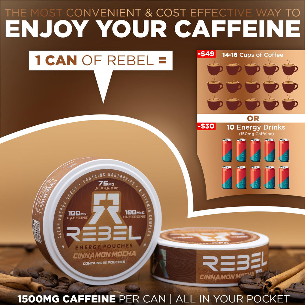 Rebel Supplements Nootropic Energy Cinnamon Mocha pouch ingredients graphic highlights Alpha GPC and B vitamins.