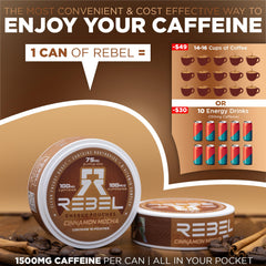 Rebel Supplements Nootropic Energy Cinnamon Mocha pouch ingredients graphic highlights Alpha GPC and B vitamins.