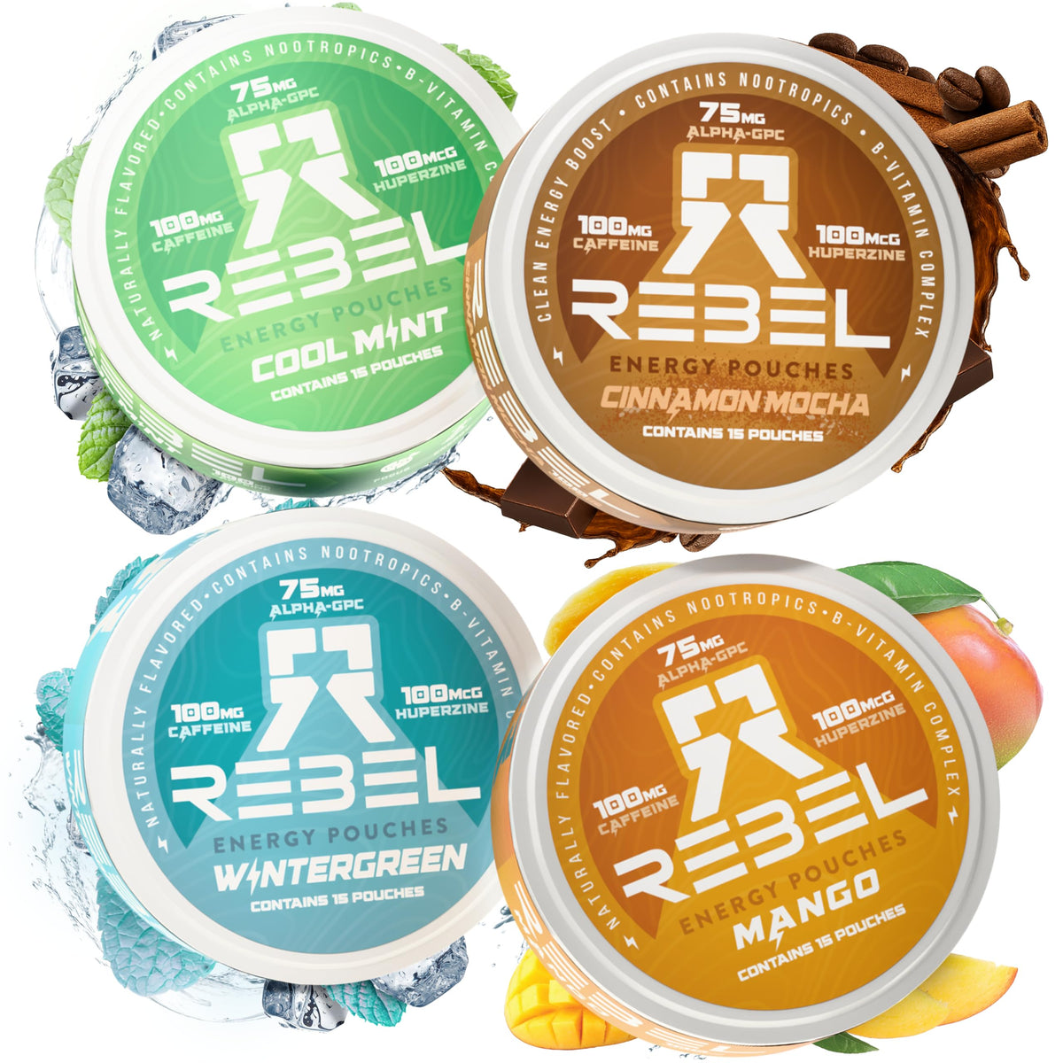 Rebel Nootropic Energy Pouches can front view for quick focus boost