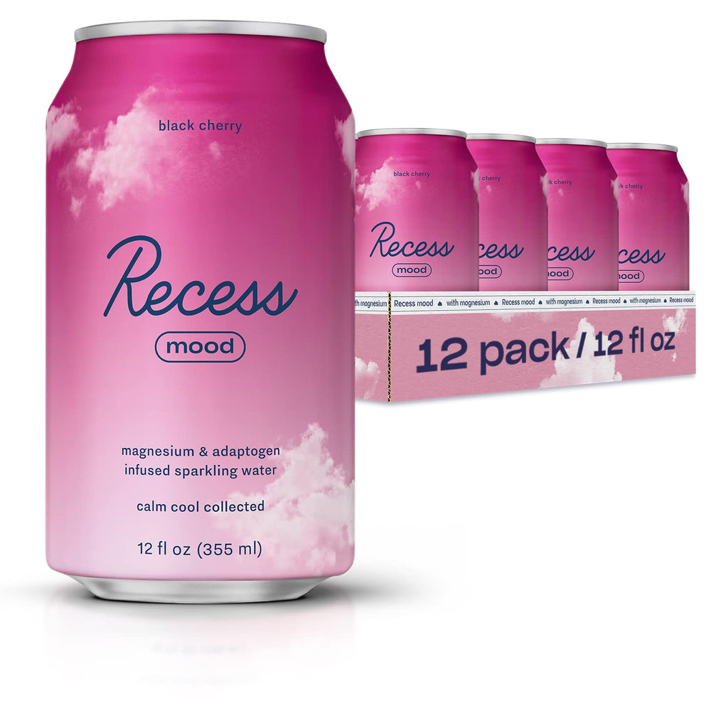Recess Mood bottle front view, relaxing black cherry beverage for unwinding.