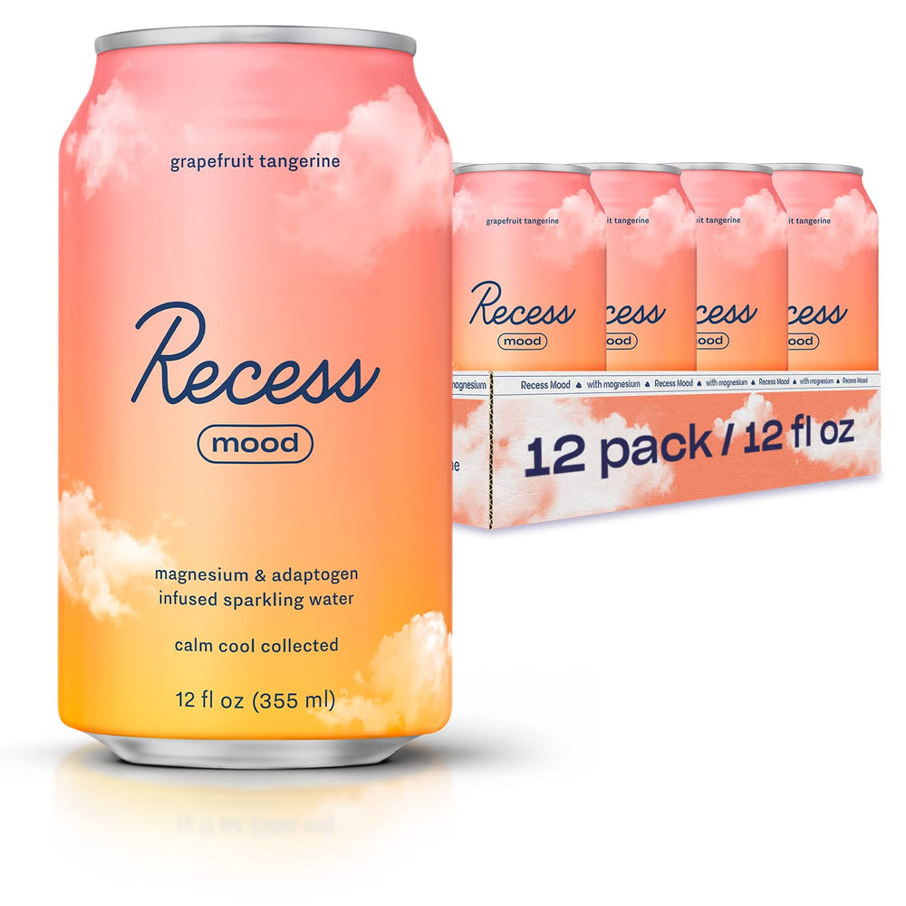 Recess Mood magnesium drink bottle front view with grapefruit tangerine flavor for relaxation.
