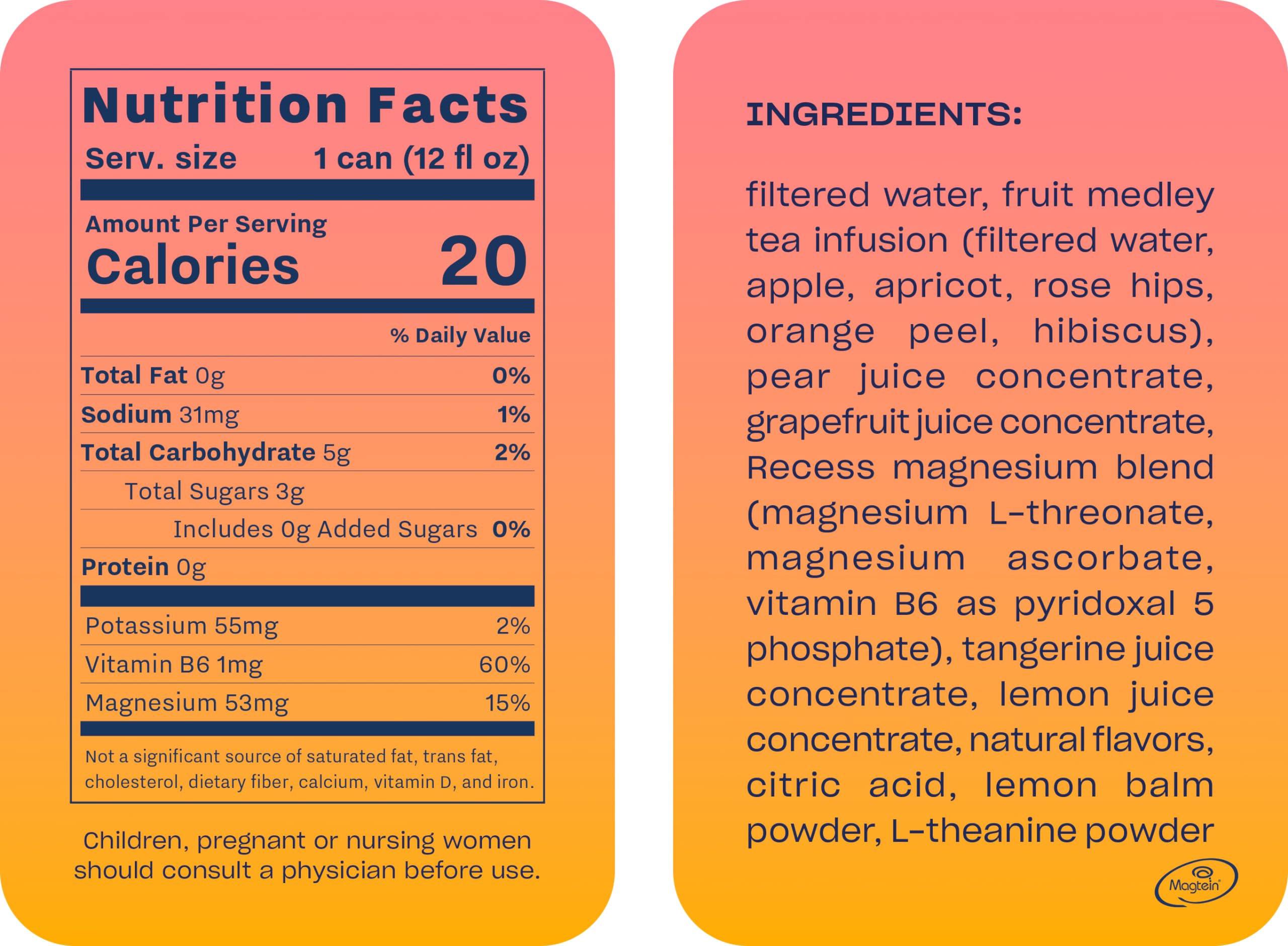 Recess Mood magnesium drink bottle side label highlighting real juice ingredients.