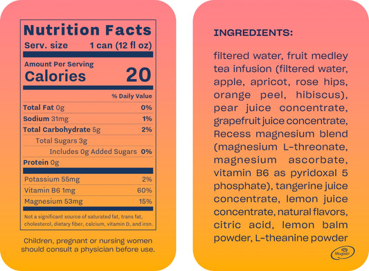 Recess Mood magnesium drink bottle side label highlighting real juice ingredients.