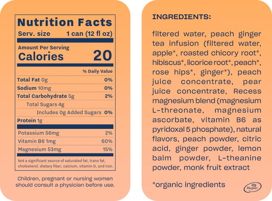 Recess Mood Peach Ginger label closeup highlighting natural fruit flavors