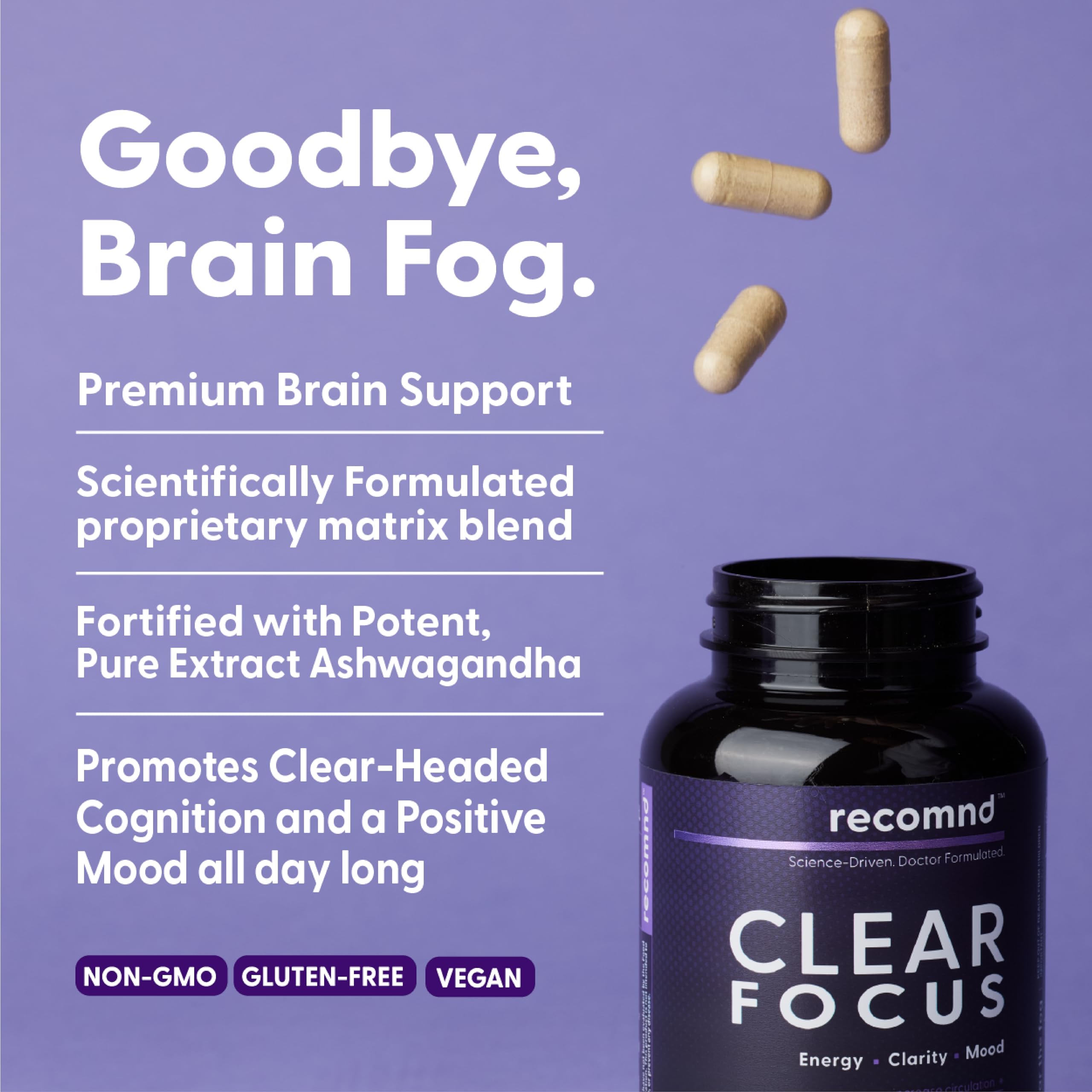 recomnd Ashwagandha-Ginkgo bottle label emphasizes brain health ingredients.