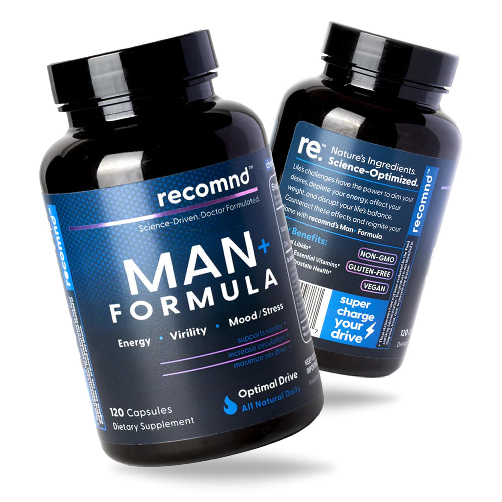 recomnd Man+ bottle label close up highlighting energy support and balance