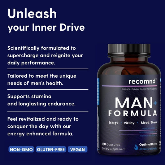 recomnd Man+ capsules in foreground for daily vitality and endurance