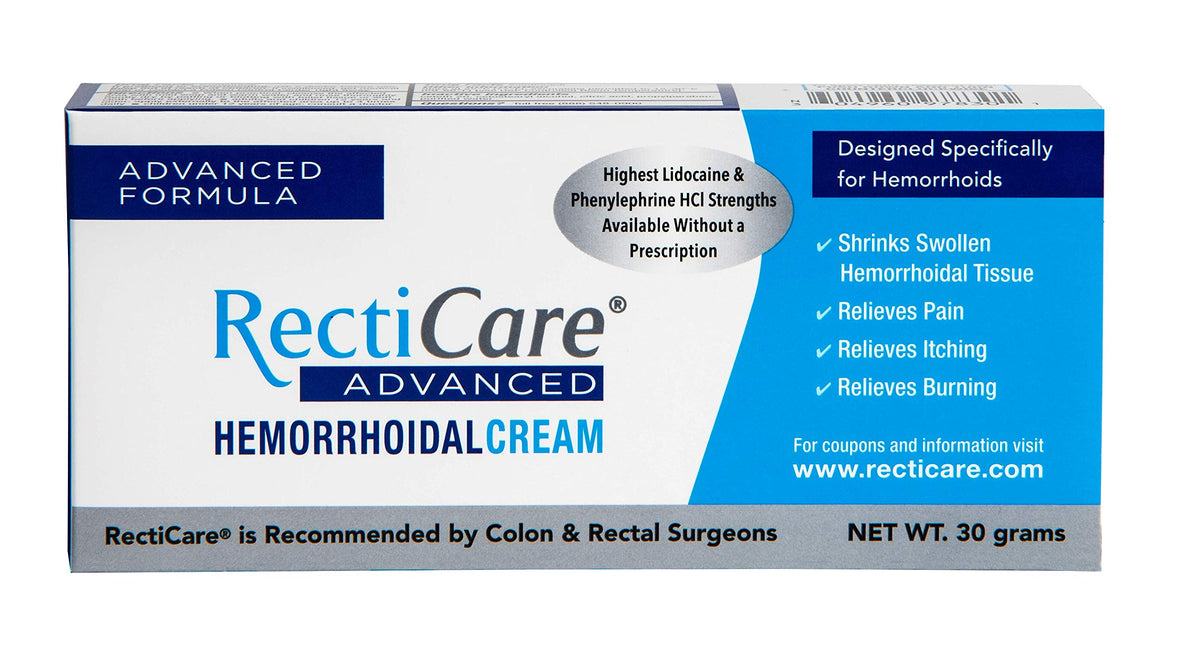 RectiCare Advanced hemorrhoidal cream tube showing compact packaging for quick relief.