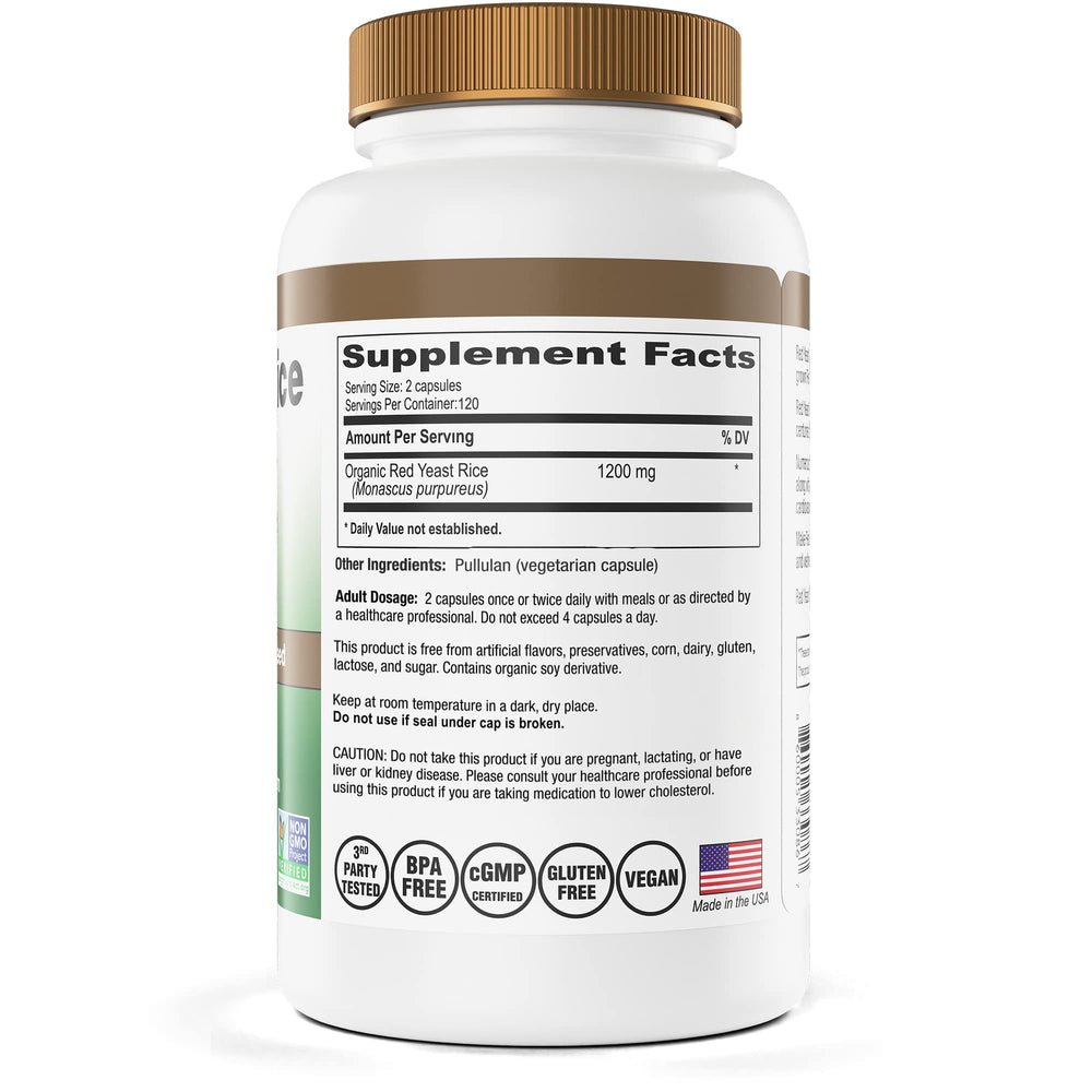 Close-up of Red Yeast Rice Gold capsules highlighting organic, non-GMO formulation.