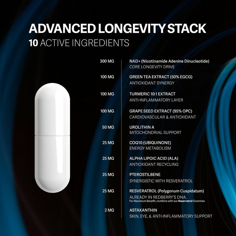 Redberry NAD Plus antioxidant matrix with CoQ10 and green tea extract.