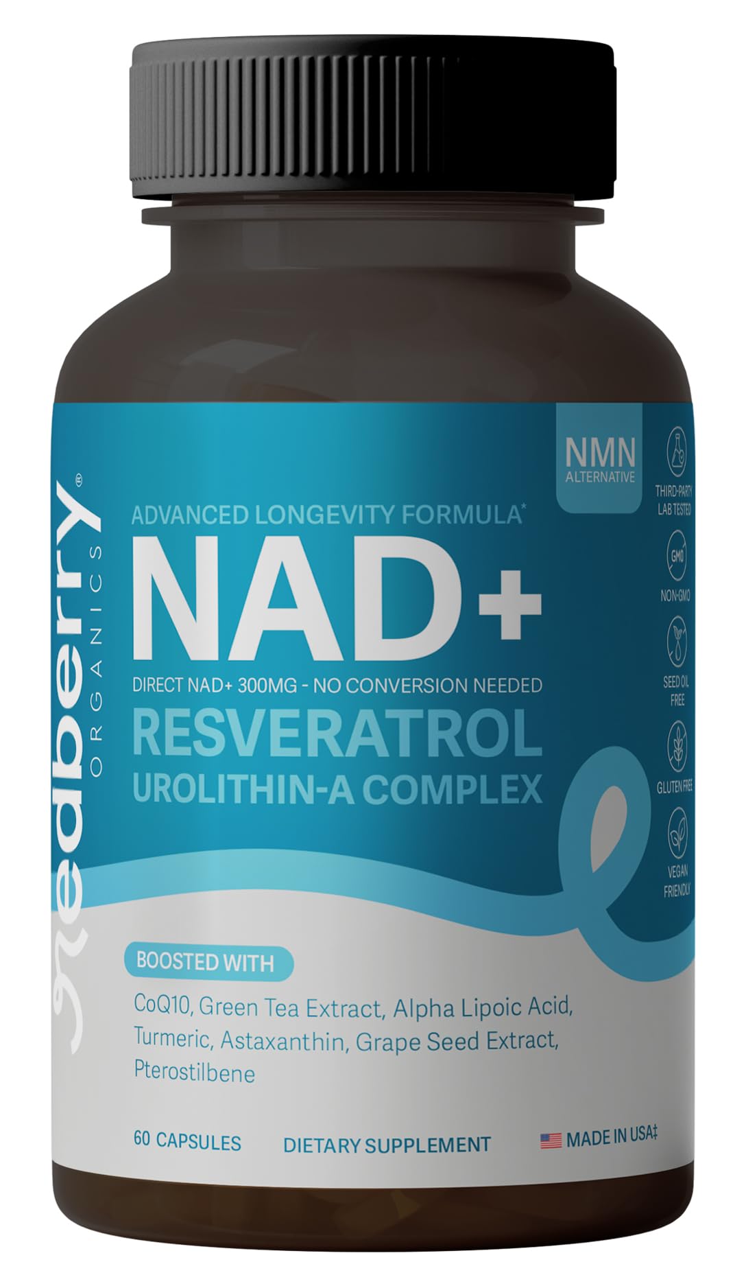 Redberry NAD Plus bottle showcasing direct NAD+ for daily energy support.