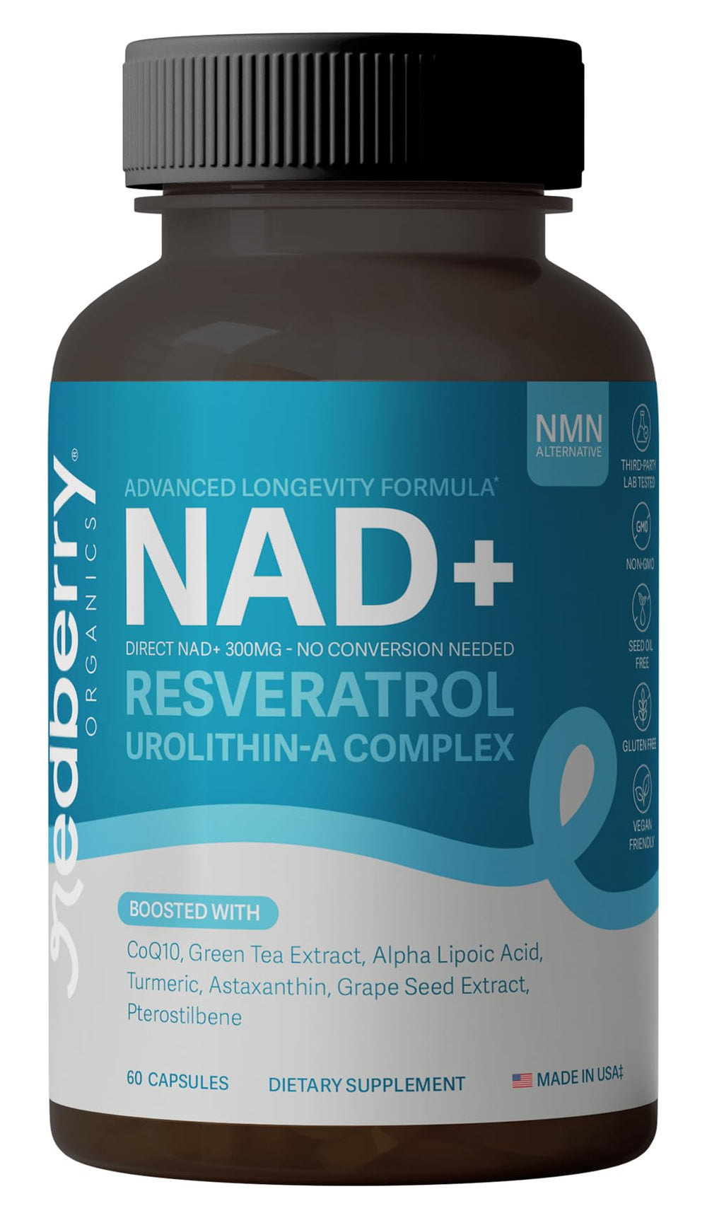 Redberry NAD Plus bottle showcasing direct NAD+ for daily energy support.