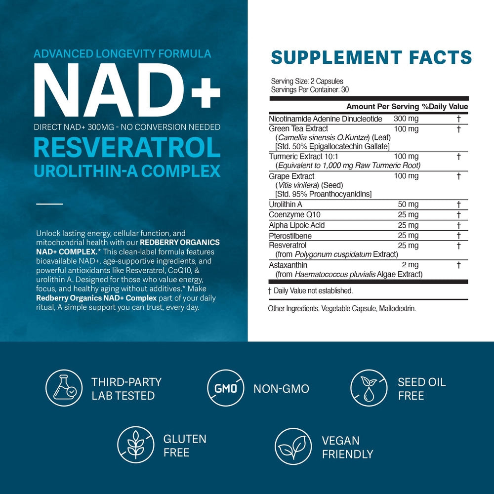 Redberry NAD Plus capsules ready for a consistent longevity routine.