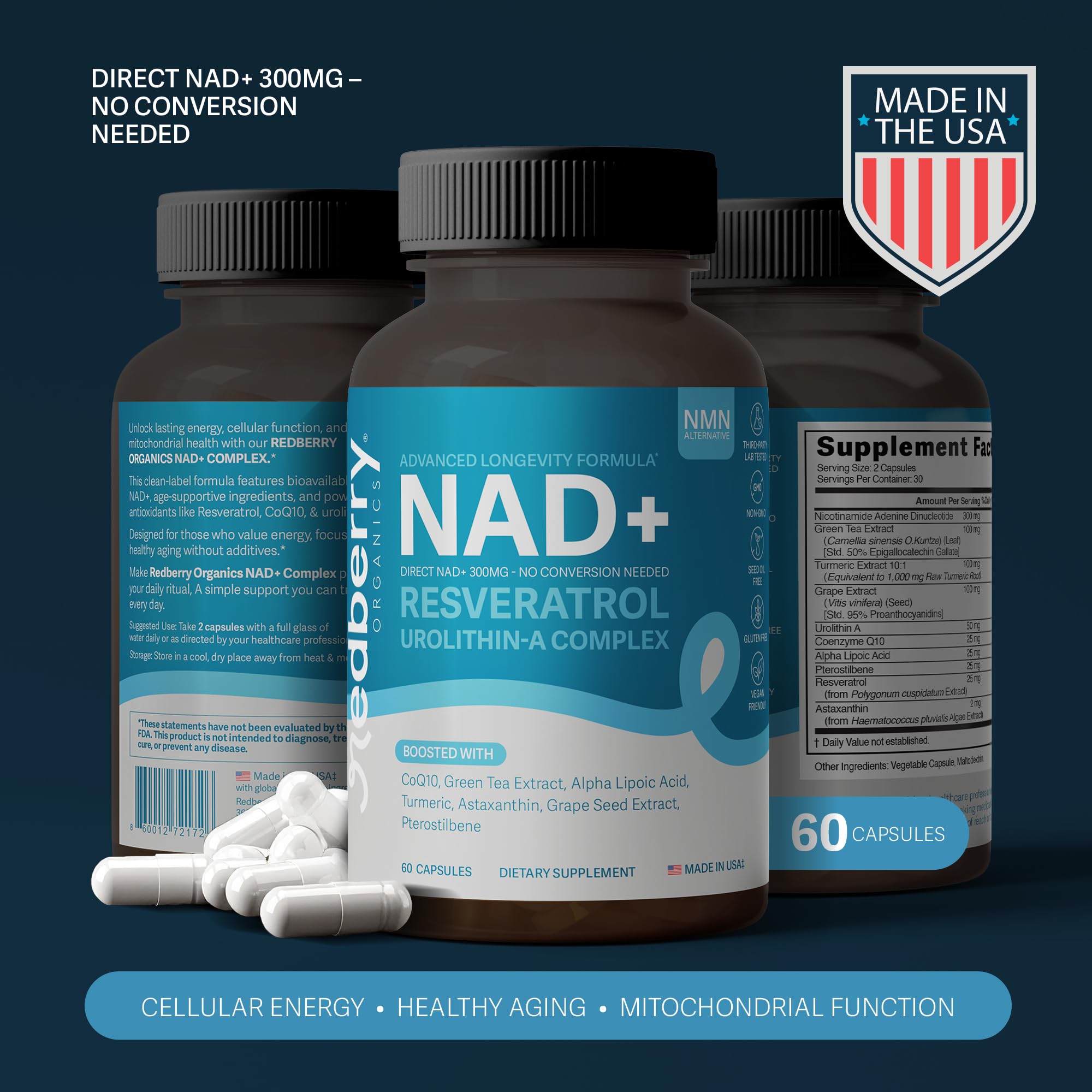 Front label of Redberry NAD Plus highlighting 300 mg NAD+.
