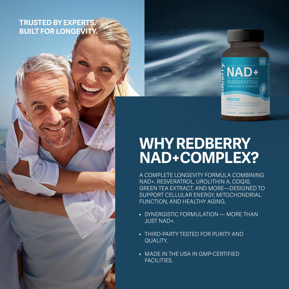 Redberry NAD Plus box indicating gluten-free and seed-oil free.