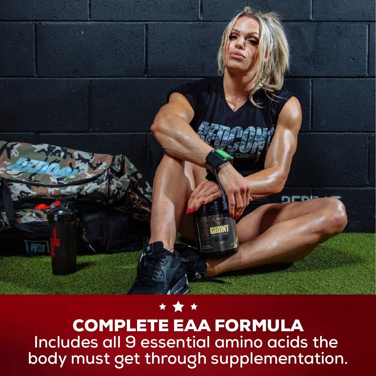 REDCON1 Grunt EAAs with glass mixer helps prepare a post-workout routine